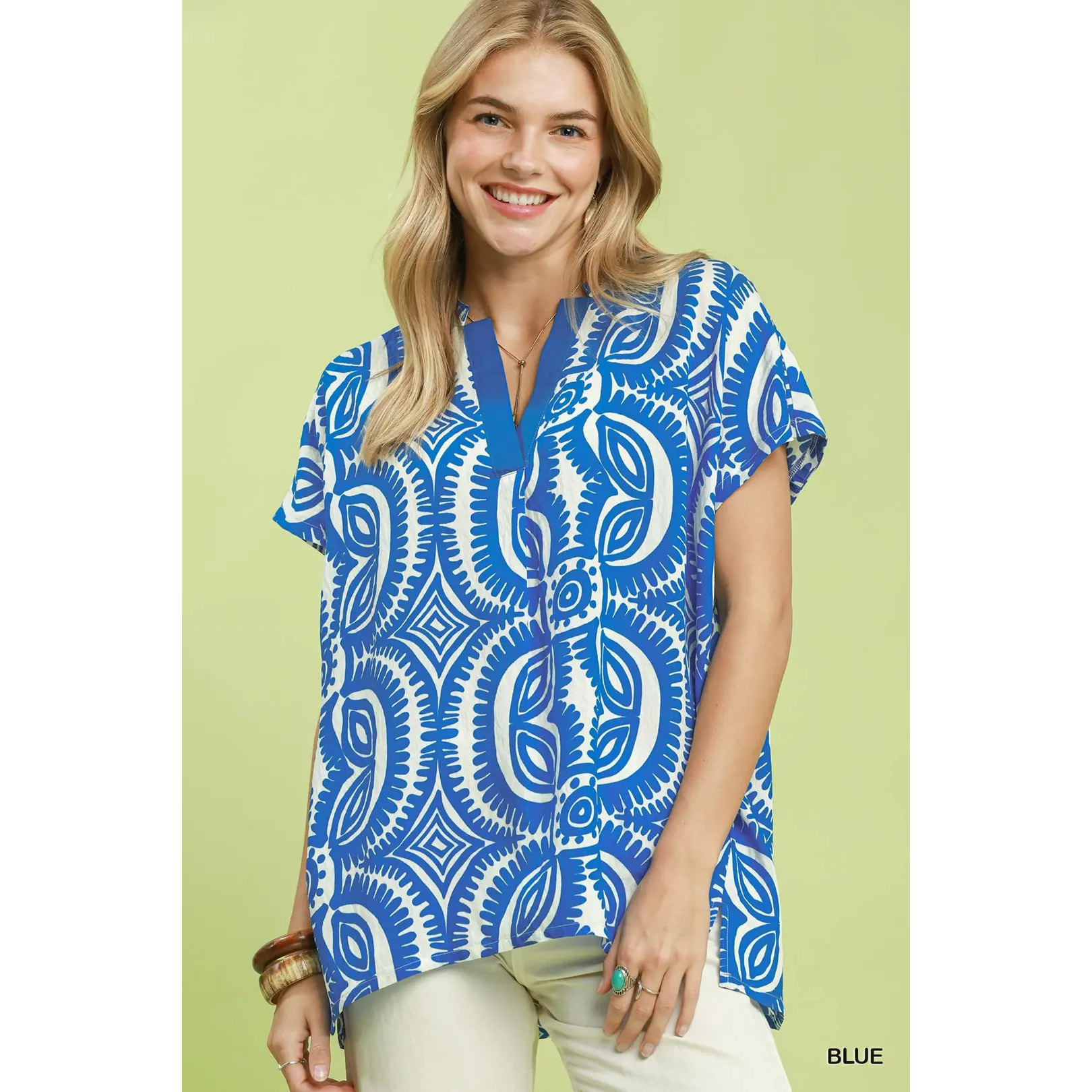 Umgee Geometric Print V-Neck Short Sleeve Top